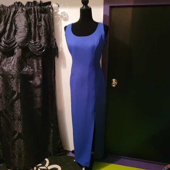 Simple maxi formal dress in blue with rhinestones a peep hole back - Picture 1 of 4